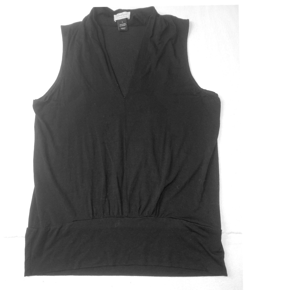Boutique Essentials Black Sleeveless V-Neck Banded Hem Blouse Top Large